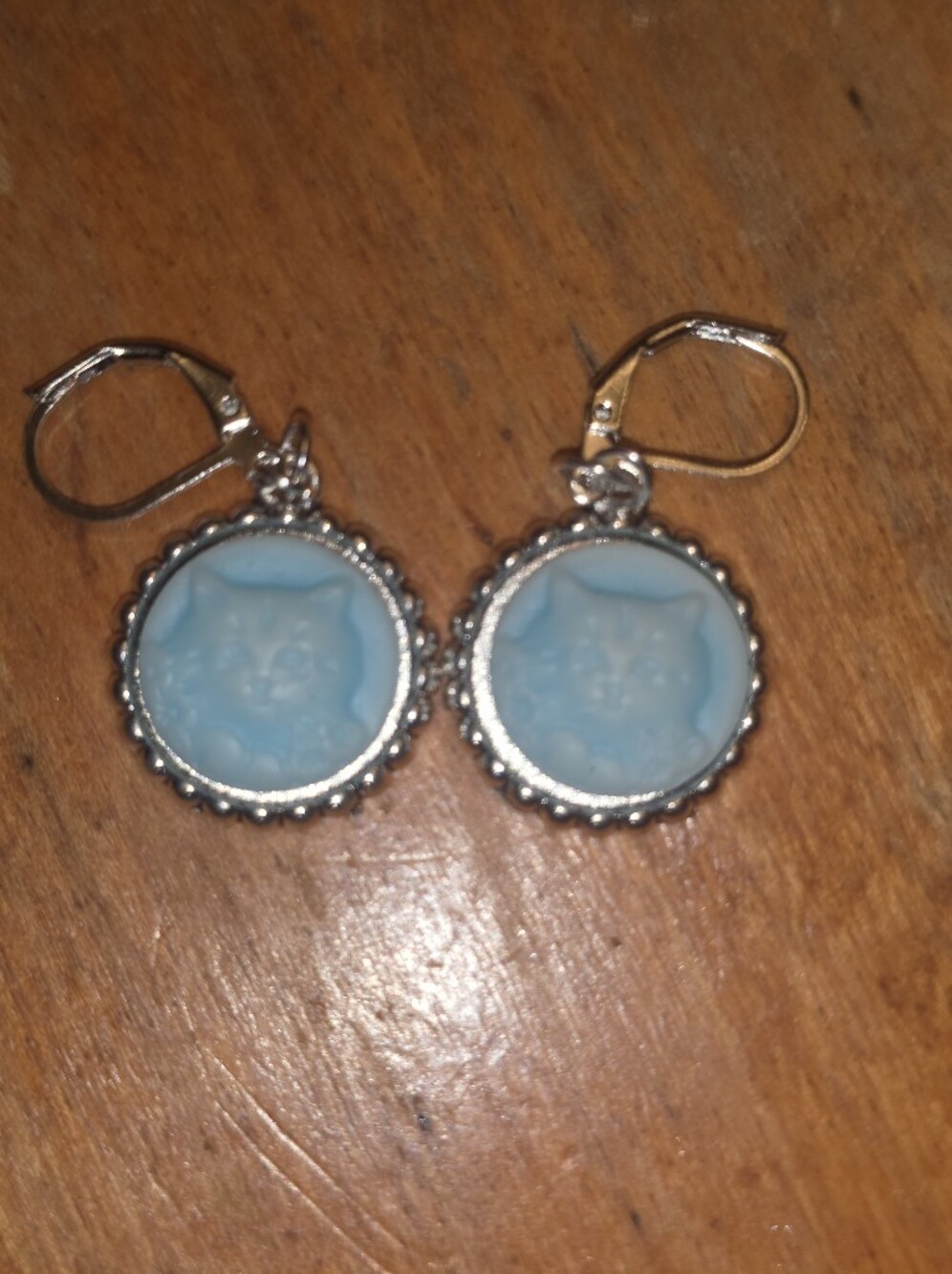 Light Cat Cameo Earrings, White On Baby Blue & Leverback Hooks